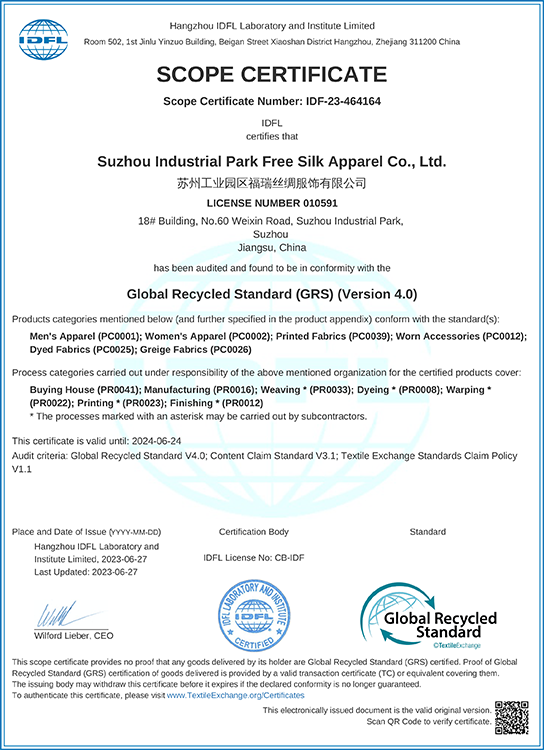 SUZHOU FREESILK GRS Certificate 20230627-1 SUZHOU FREESILK GRS Certificate 20230627-1
