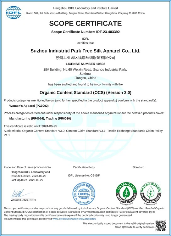 SUZHOU FREESILK OCS Certificate 20230627-1 SUZHOU FREESILK OCS Certificate 20230627-1